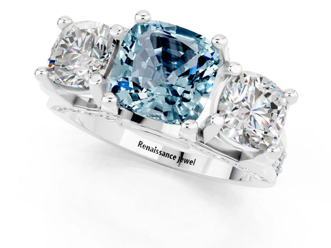 White gold Cushion Cut Aquamarine Three-Stone Ring with Channel Set Band and Four-Prong Setting_1