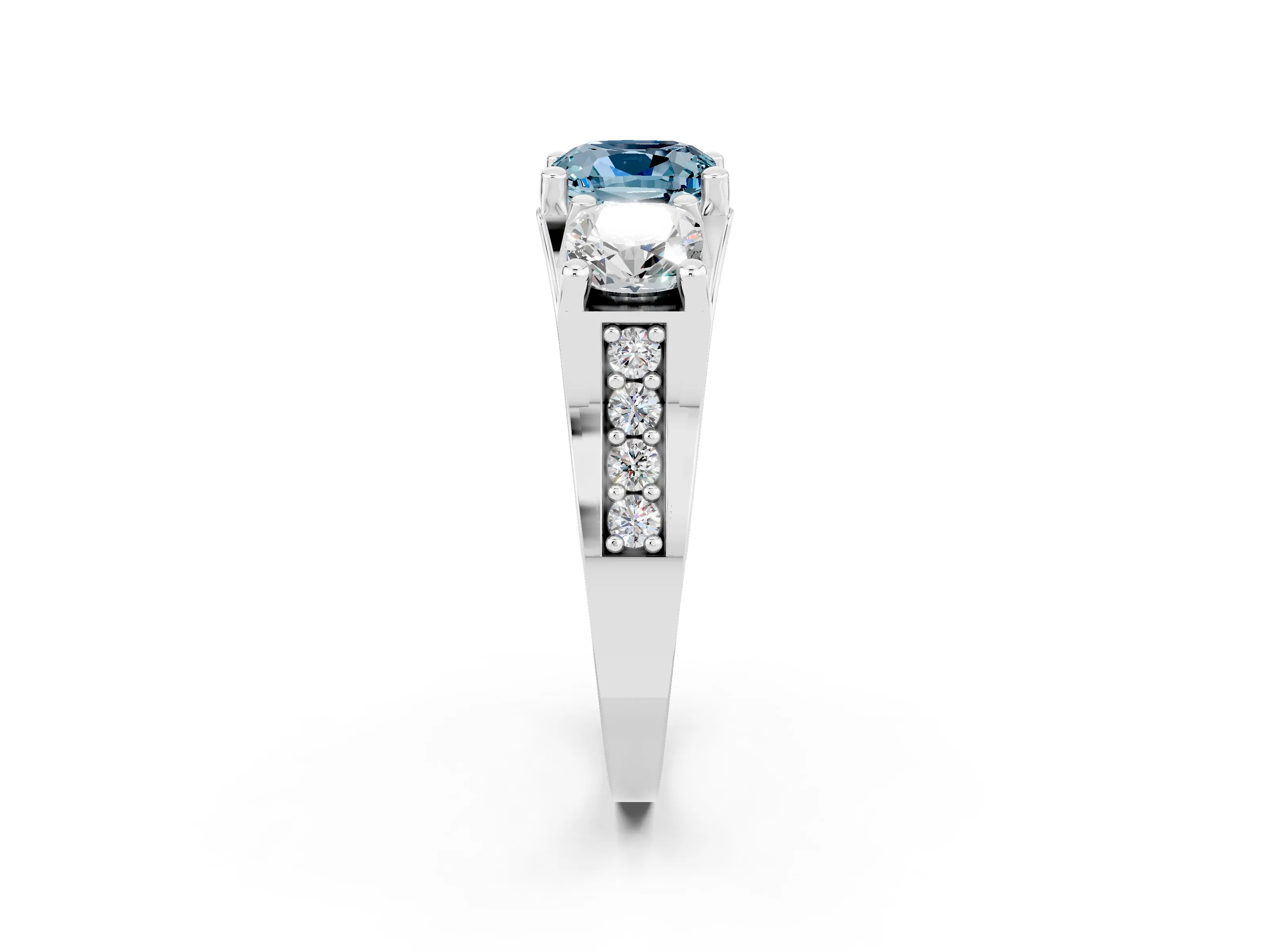 White gold Cushion Cut Aquamarine Three-Stone Ring with Channel Set Band and Four-Prong Setting_2