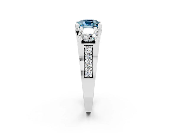 Silver Cushion Cut Aquamarine Three-Stone Ring with Channel Set Band and Four-Prong Setting