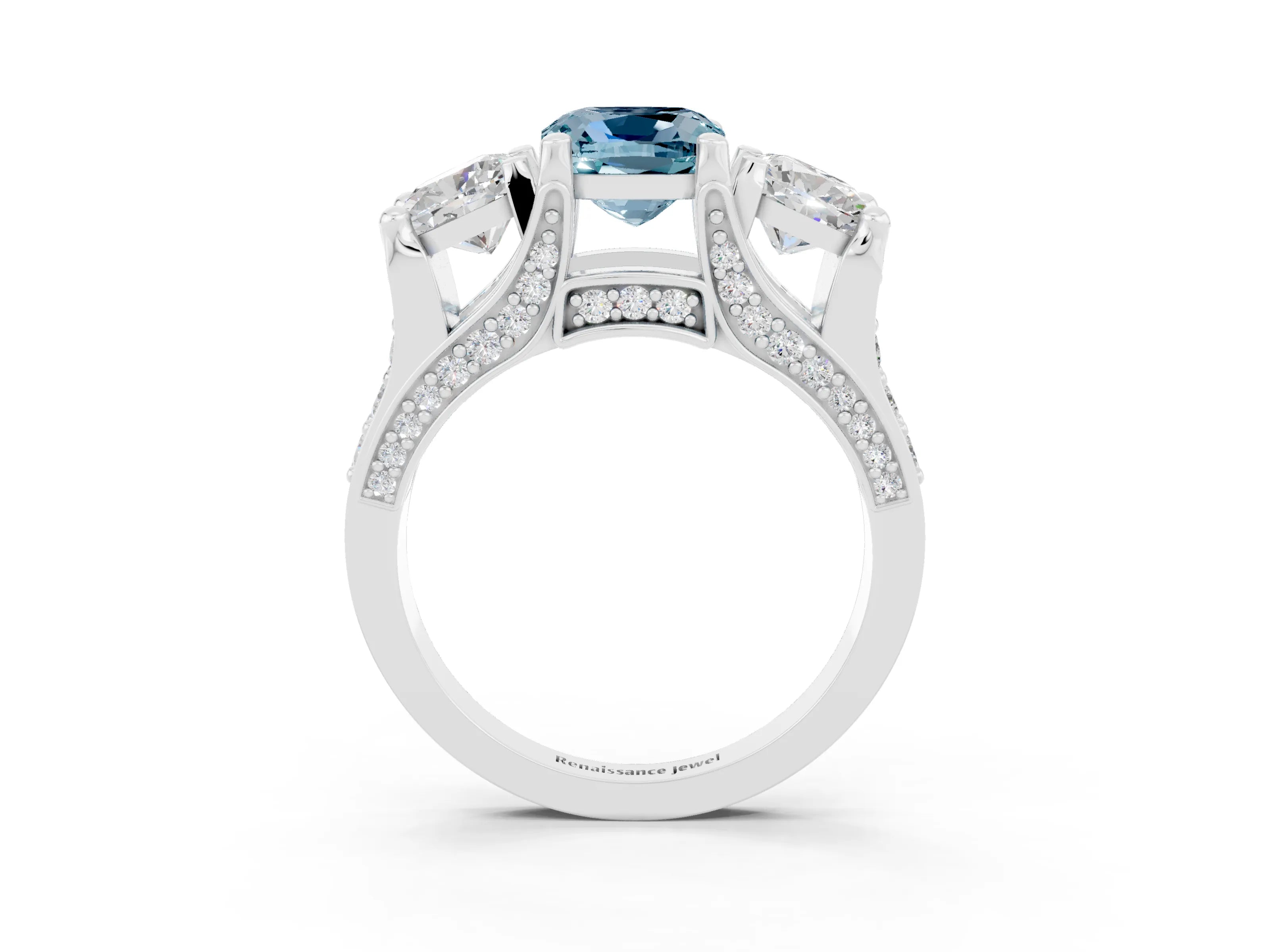 White gold Cushion Cut Aquamarine Three-Stone Ring with Channel Set Band and Four-Prong Setting_3
