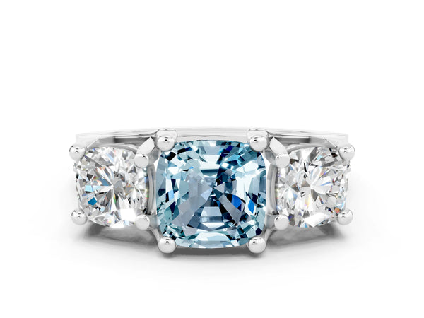 Silver Cushion Cut Aquamarine Three-Stone Ring with Channel Set Band and Four-Prong Setting