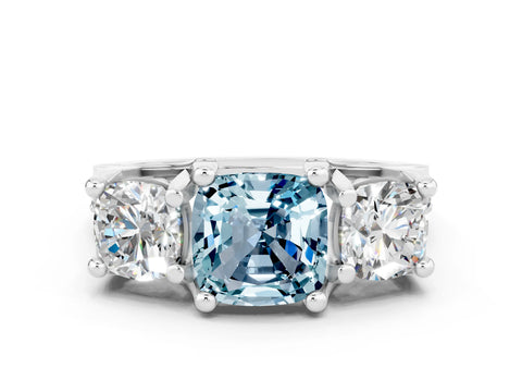 White gold Cushion Cut Aquamarine Three-Stone Ring with Channel Set Band and Four-Prong Setting