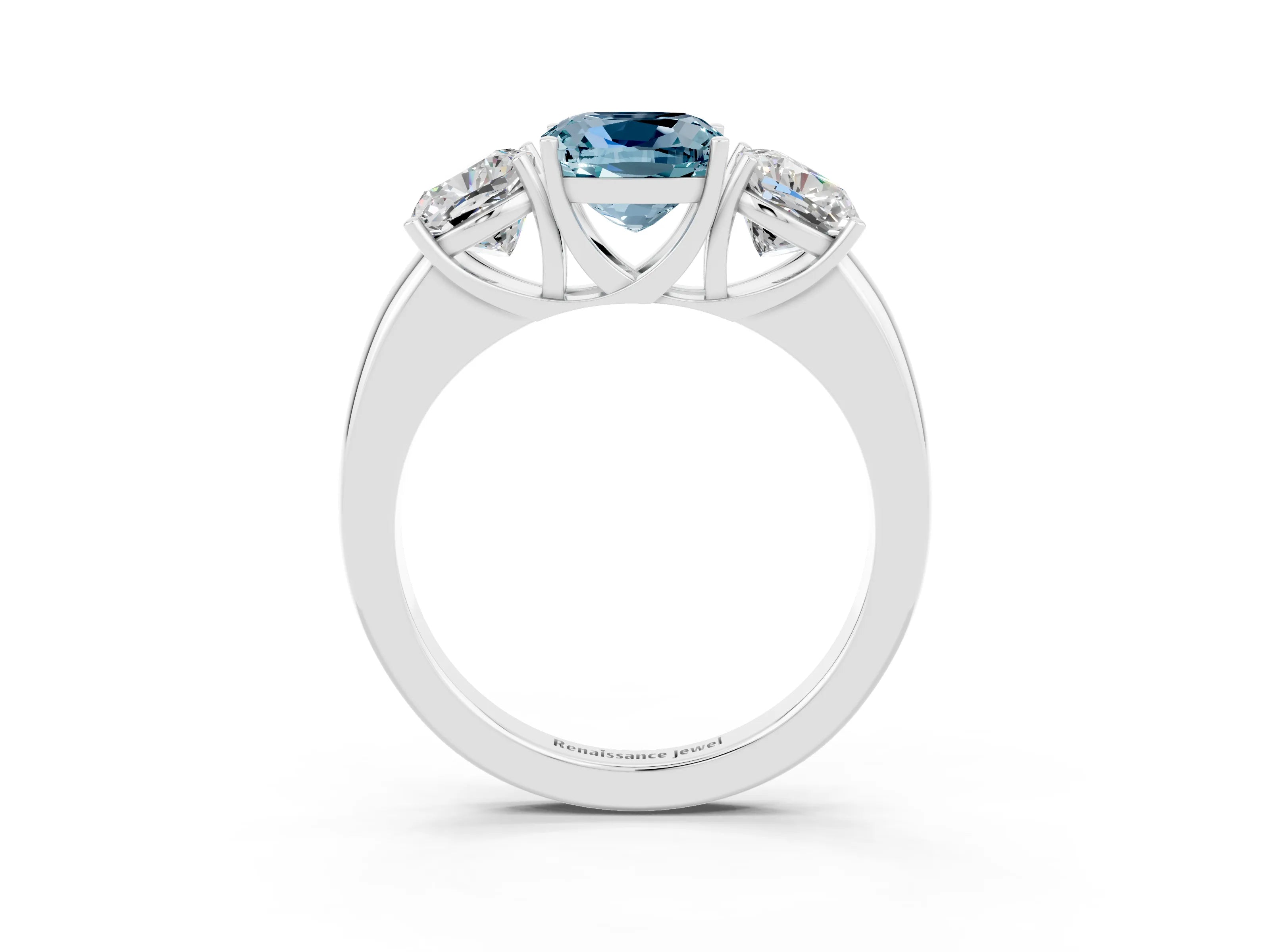 White gold Cushion Cut Aquamarine Three-Stone Ring with Four-Prong Setting and Classic Band_3