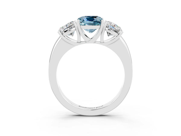 White gold Cushion Cut Aquamarine Three-Stone Ring with Four-Prong Setting and Classic Band