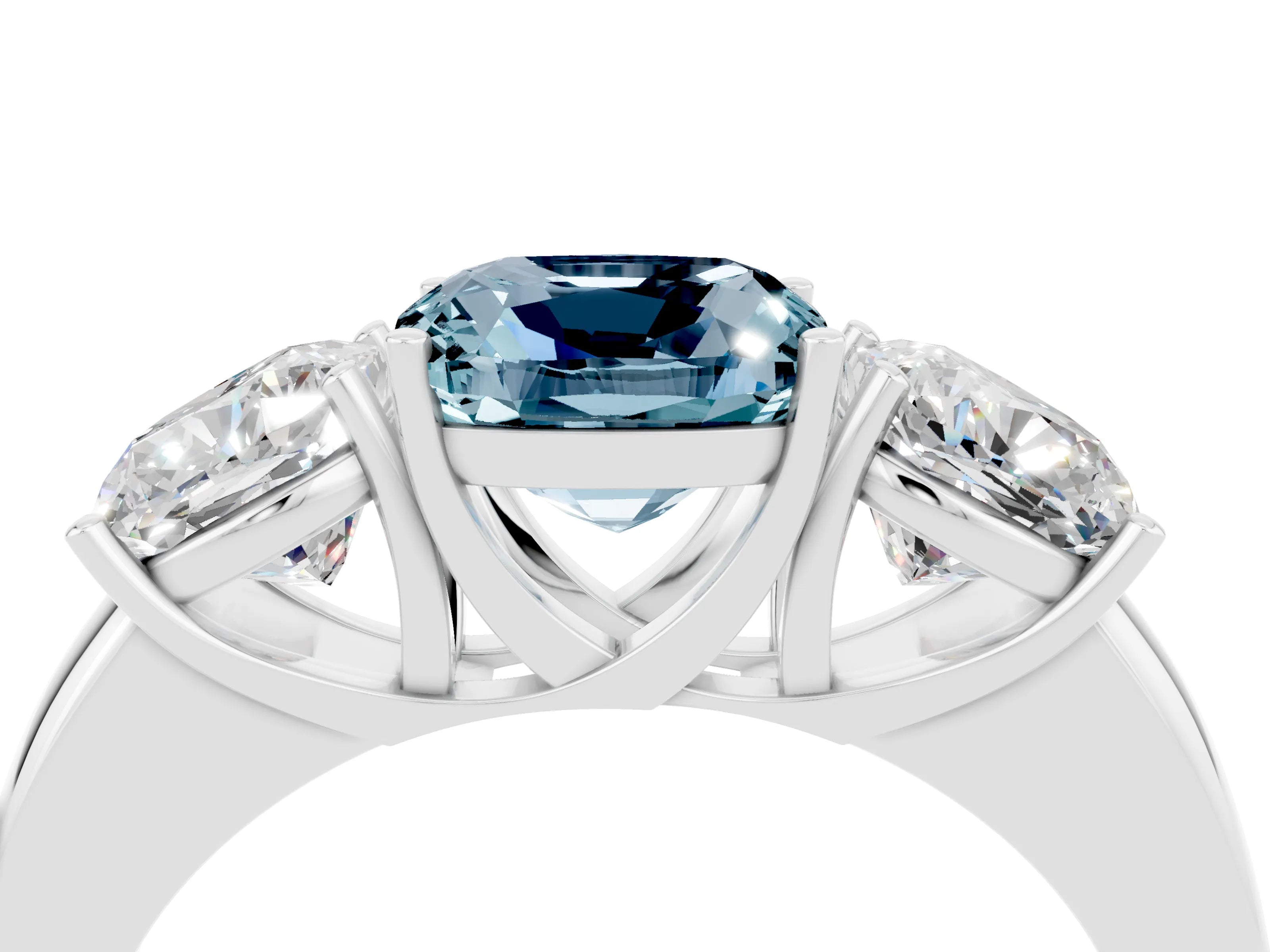 White gold Cushion Cut Aquamarine Three-Stone Ring with Four-Prong Setting and Classic Band_4