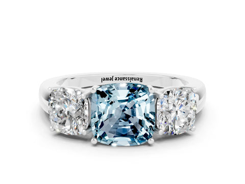White gold Cushion Cut Aquamarine Three-Stone Ring with Four-Prong Setting and Classic Band