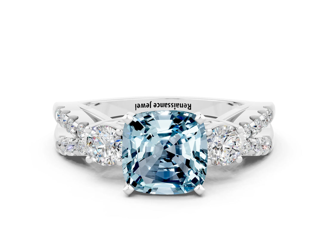 White gold Cushion Cut Aquamarine Three-Stone Ring with Pavé Split Shank and Four-Prong Setting_12