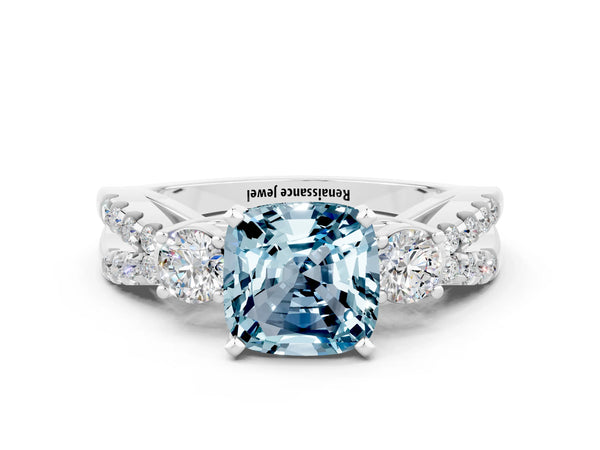 White gold Cushion Cut Aquamarine Three-Stone Ring with Pavé Split Shank and Four-Prong Setting