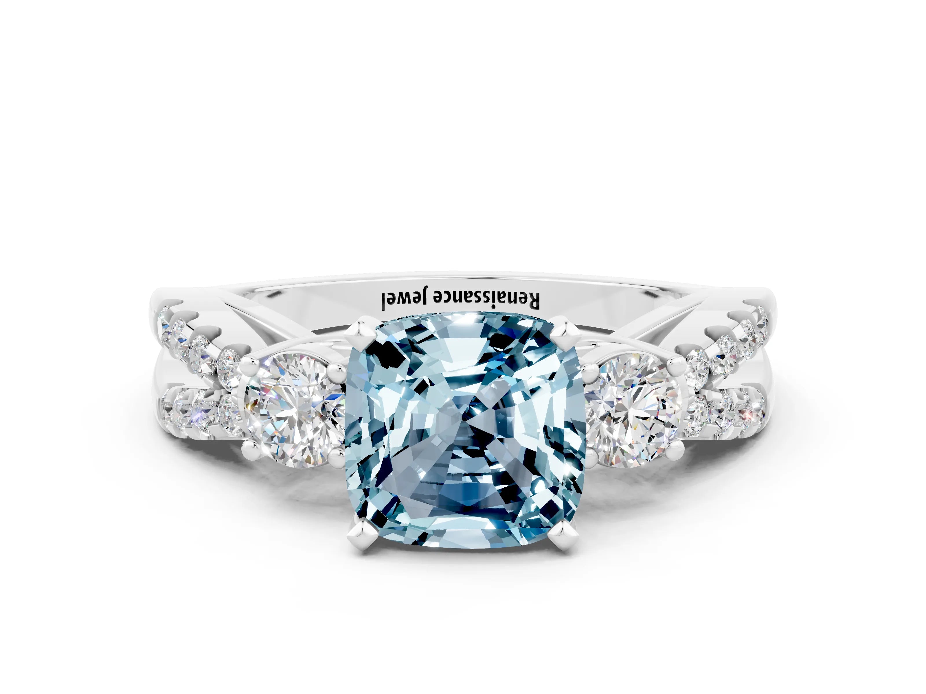 White gold Cushion Cut Aquamarine Three-Stone Ring with Pavé Split Shank and Four-Prong Setting_12
