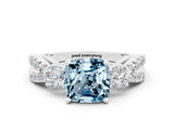 White gold Cushion Cut Aquamarine Three-Stone Ring with Pavé Split Shank and Four-Prong Setting_12