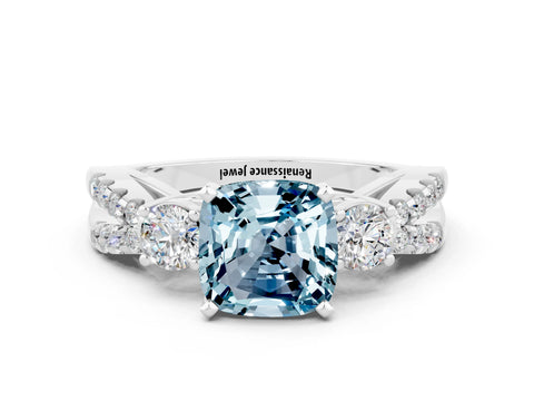 White gold Cushion Cut Aquamarine Three-Stone Ring with Pavé Split Shank and Four-Prong Setting_12