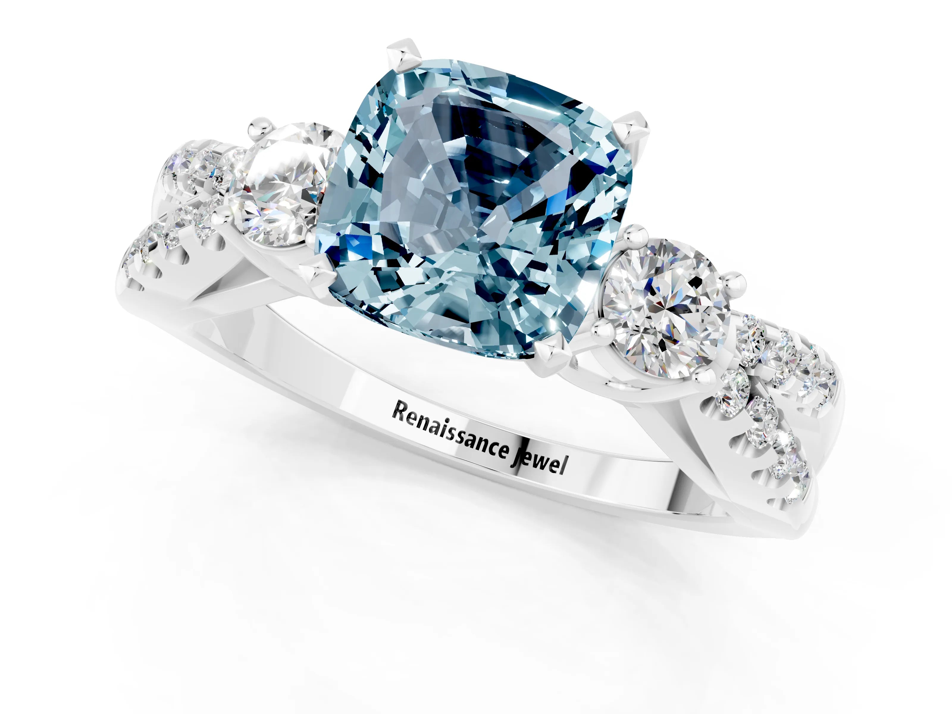 White gold Cushion Cut Aquamarine Three-Stone Ring with Pavé Split Shank and Four-Prong Setting_13