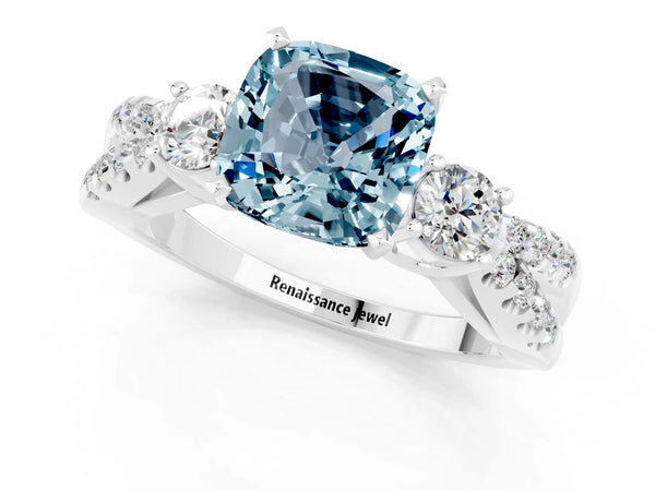 Silver Cushion Cut Aquamarine Three-Stone Ring with Pavé Split Shank and Four-Prong Setting