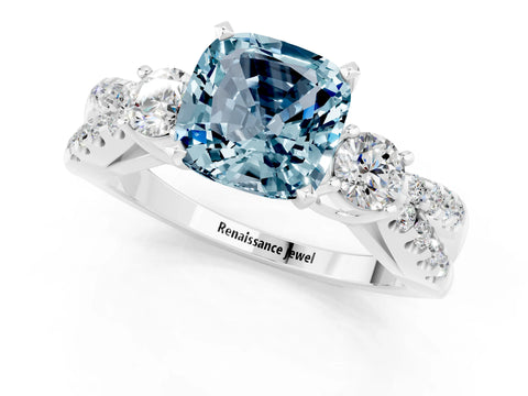 White gold Cushion Cut Aquamarine Three-Stone Ring with Pavé Split Shank and Four-Prong Setting_13