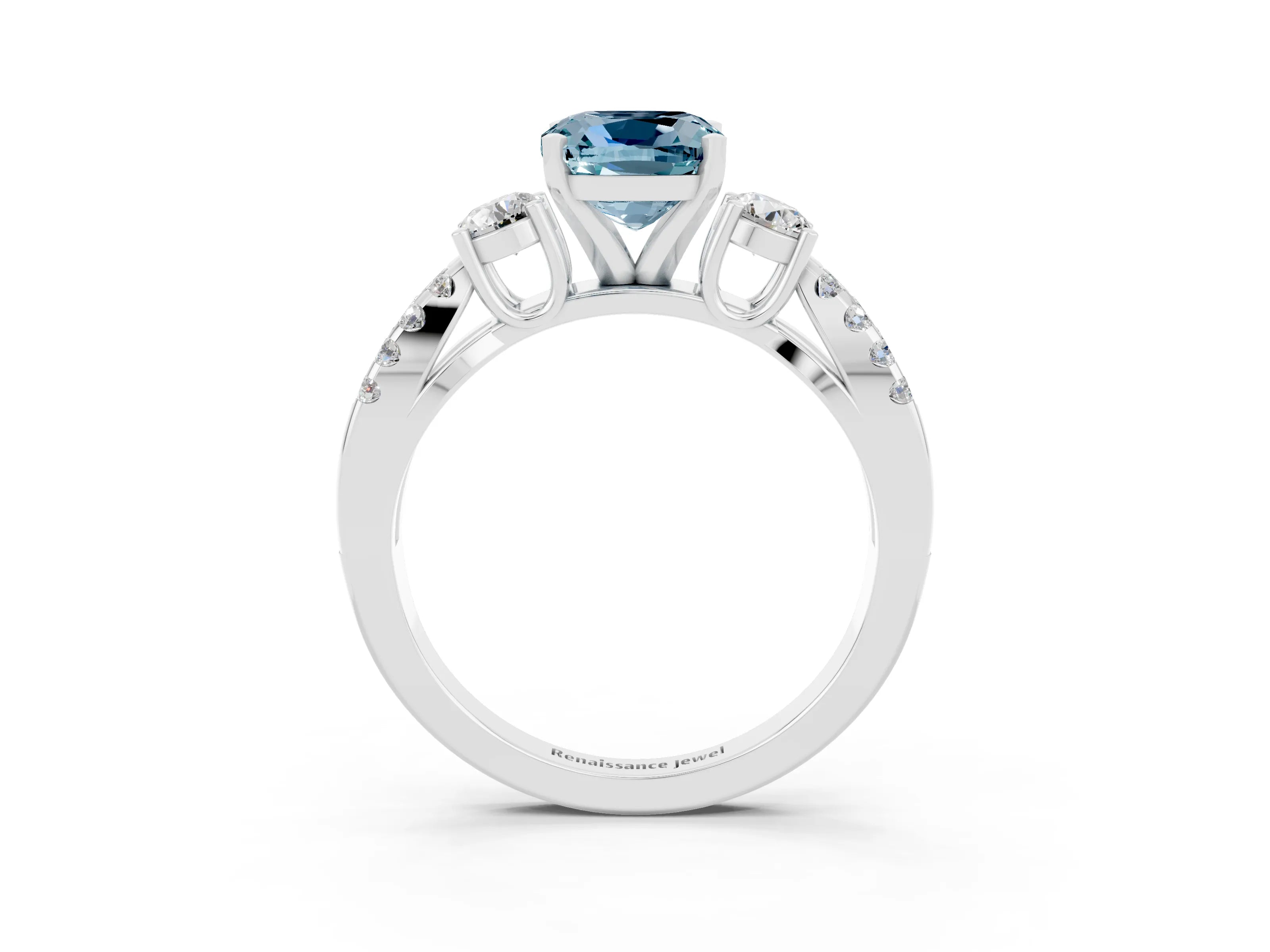 White gold Cushion Cut Aquamarine Three-Stone Ring with Pavé Split Shank and Four-Prong Setting_15