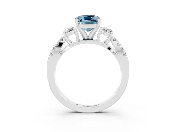 Platinum Cushion Cut Aquamarine Three-Stone Ring with Pavé Split Shank and Four-Prong Setting