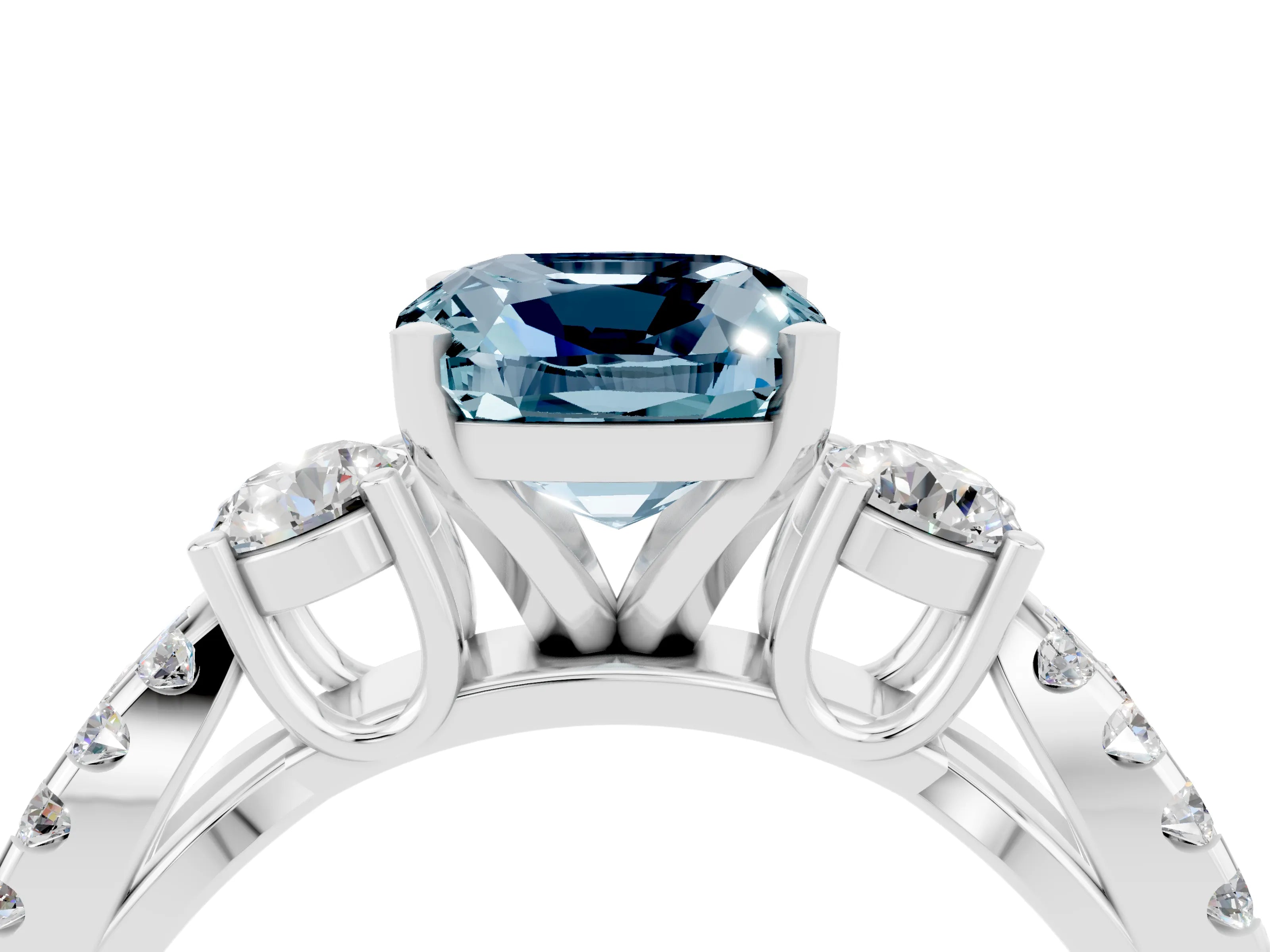 White gold Cushion Cut Aquamarine Three-Stone Ring with Pavé Split Shank and Four-Prong Setting_16
