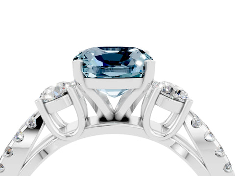 White gold Cushion Cut Aquamarine Three-Stone Ring with Pavé Split Shank and Four-Prong Setting_16