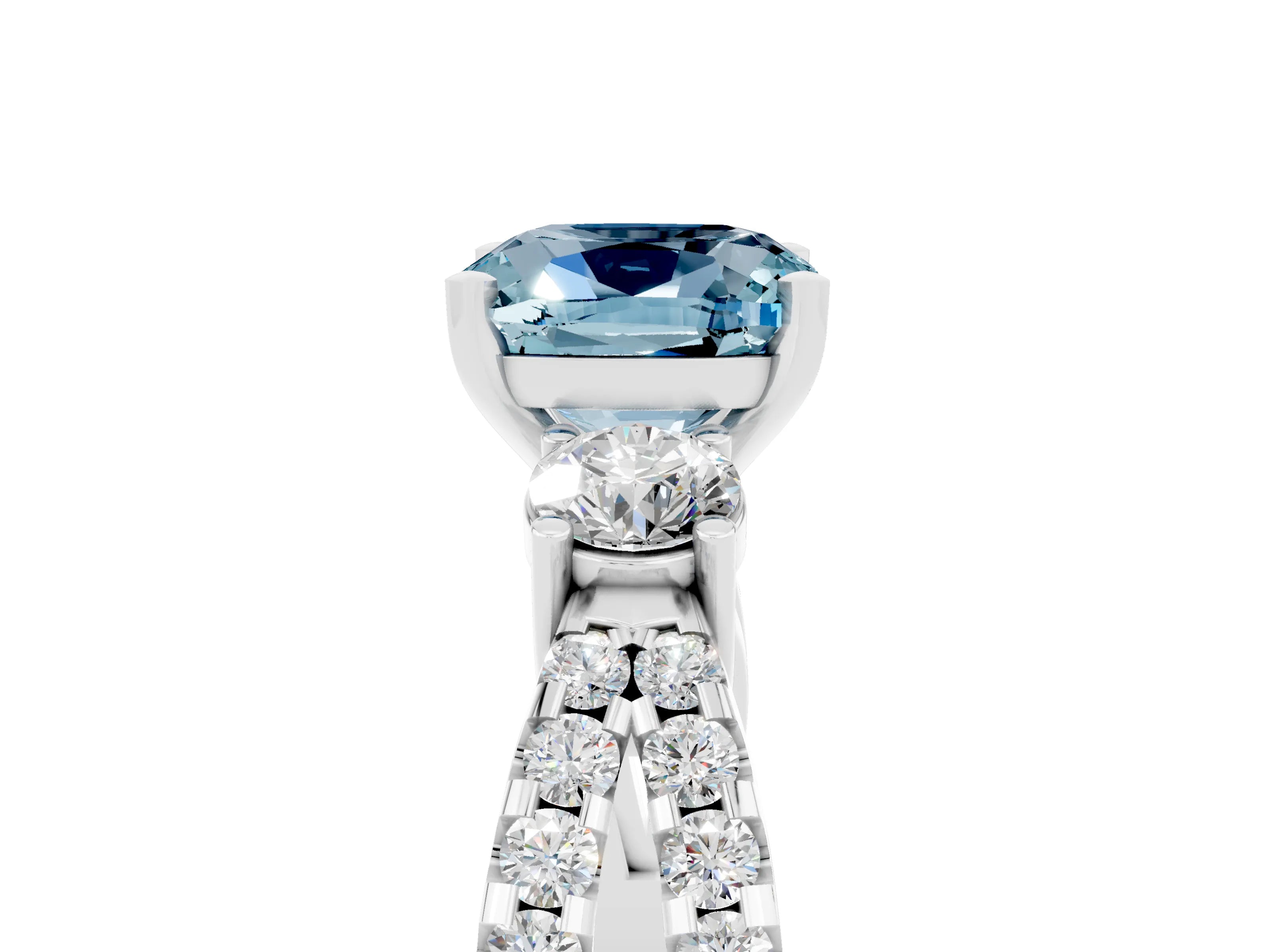 White gold Cushion Cut Aquamarine Three-Stone Ring with Pavé Split Shank and Four-Prong Setting_17