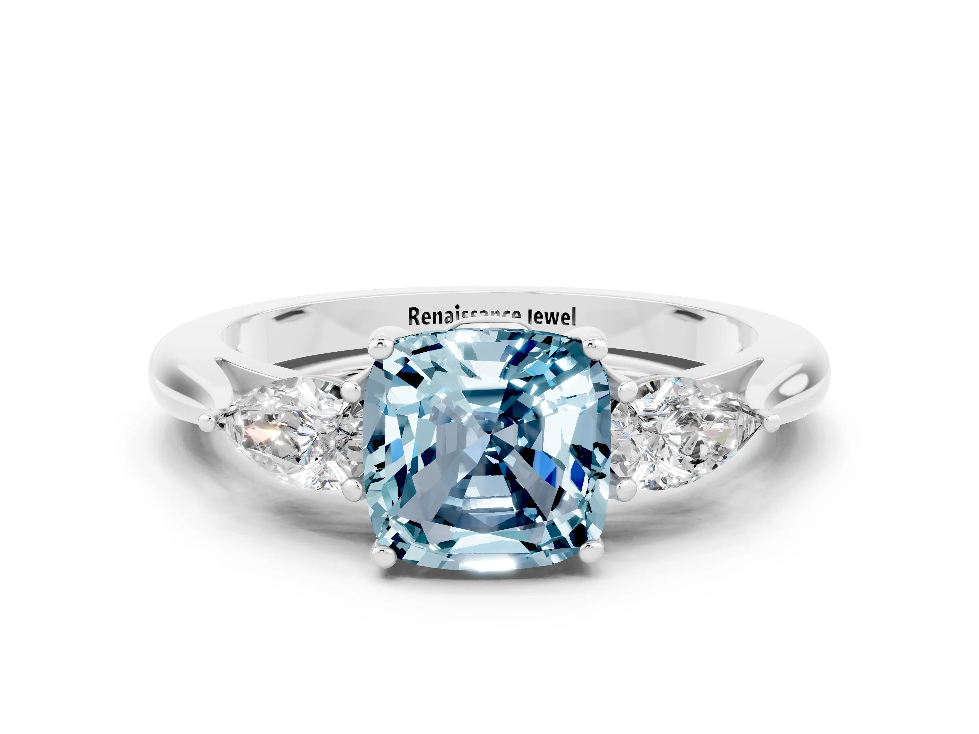 White gold Cushion Cut Aquamarine Three-Stone Ring with Pear Side Stones and Four-Prong Setting_12