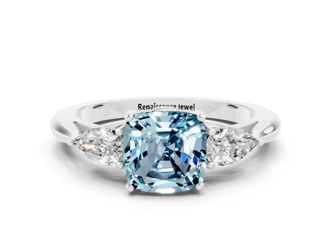 White gold Cushion Cut Aquamarine Three-Stone Ring with Pear Side Stones and Four-Prong Setting_12