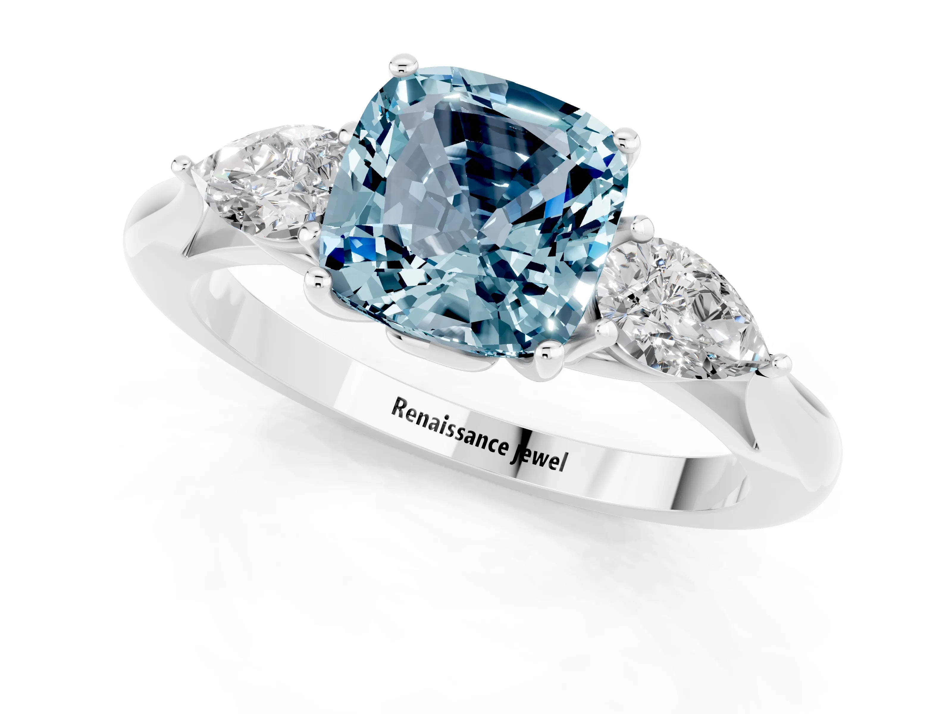 White gold Cushion Cut Aquamarine Three-Stone Ring with Pear Side Stones and Four-Prong Setting_13
