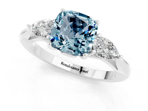 White gold Cushion Cut Aquamarine Three-Stone Ring with Pear Side Stones and Four-Prong Setting_13