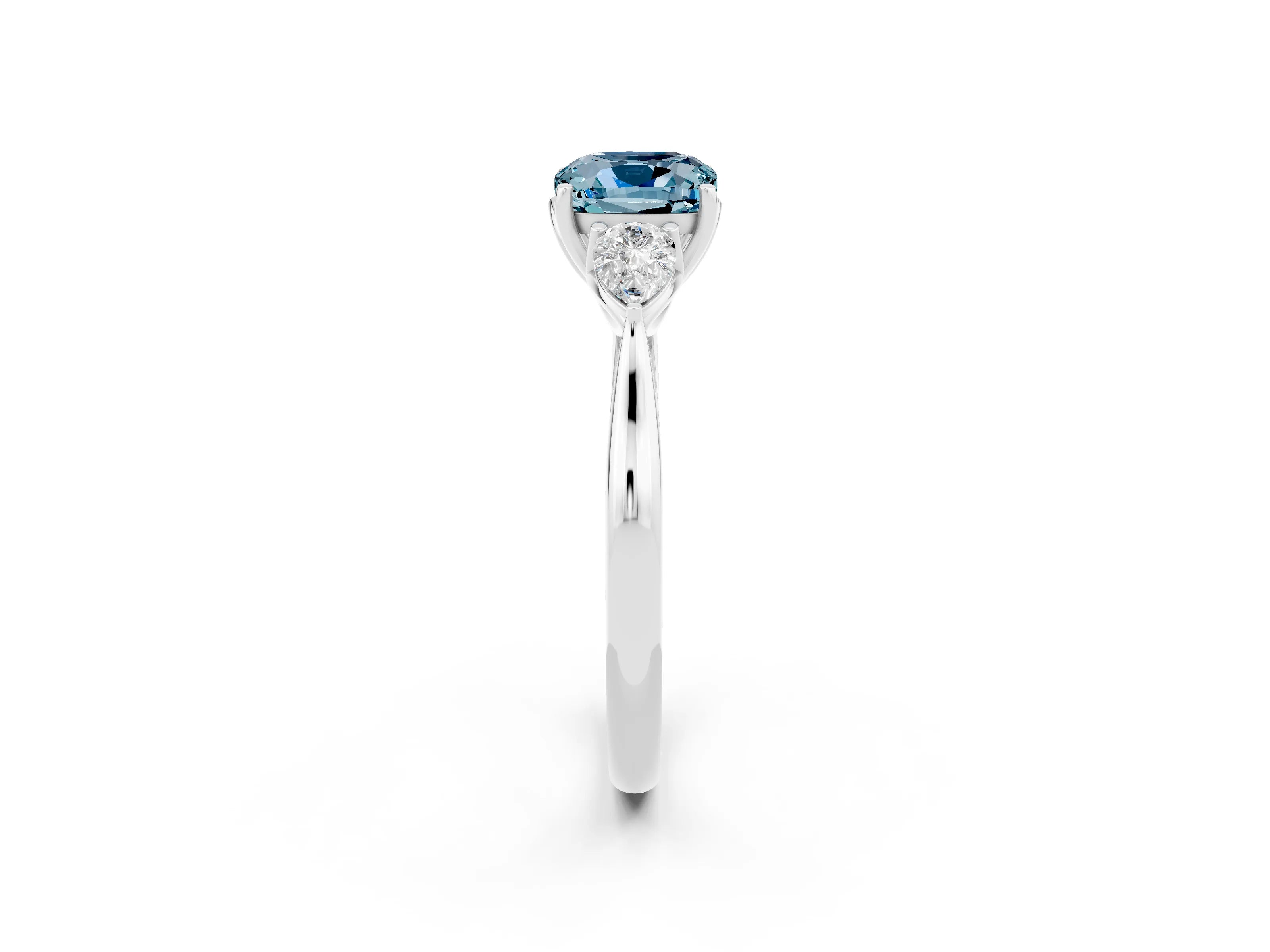 White gold Cushion Cut Aquamarine Three-Stone Ring with Pear Side Stones and Four-Prong Setting_14