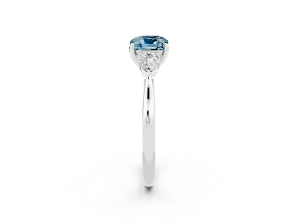 Silver Cushion Cut Aquamarine Three-Stone Ring with Pear  Side Stones and Prong Setting