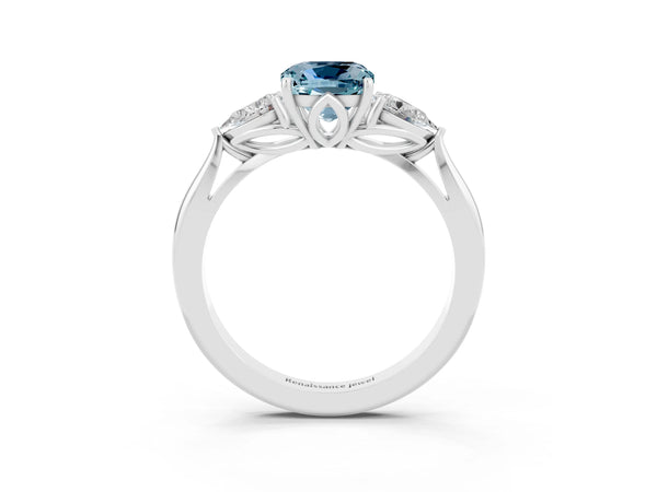 White gold Cushion Cut Aquamarine Three-Stone Ring with Pear  Side Stones and Prong Setting