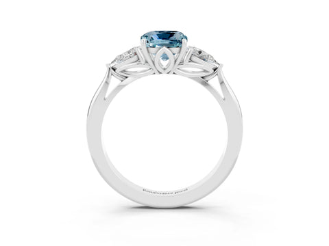 White gold Cushion Cut Aquamarine Three-Stone Ring with Pear Side Stones and Four-Prong Setting_15