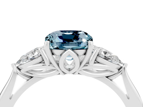 White gold Cushion Cut Aquamarine Three-Stone Ring with Pear Side Stones and Four-Prong Setting_16