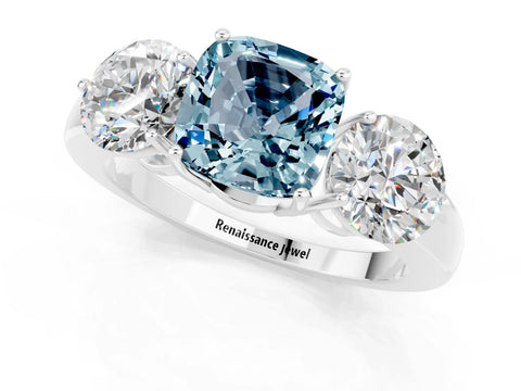White gold Cushion Cut Aquamarine Three-Stone Ring with Prong Setting and Classic Band_1