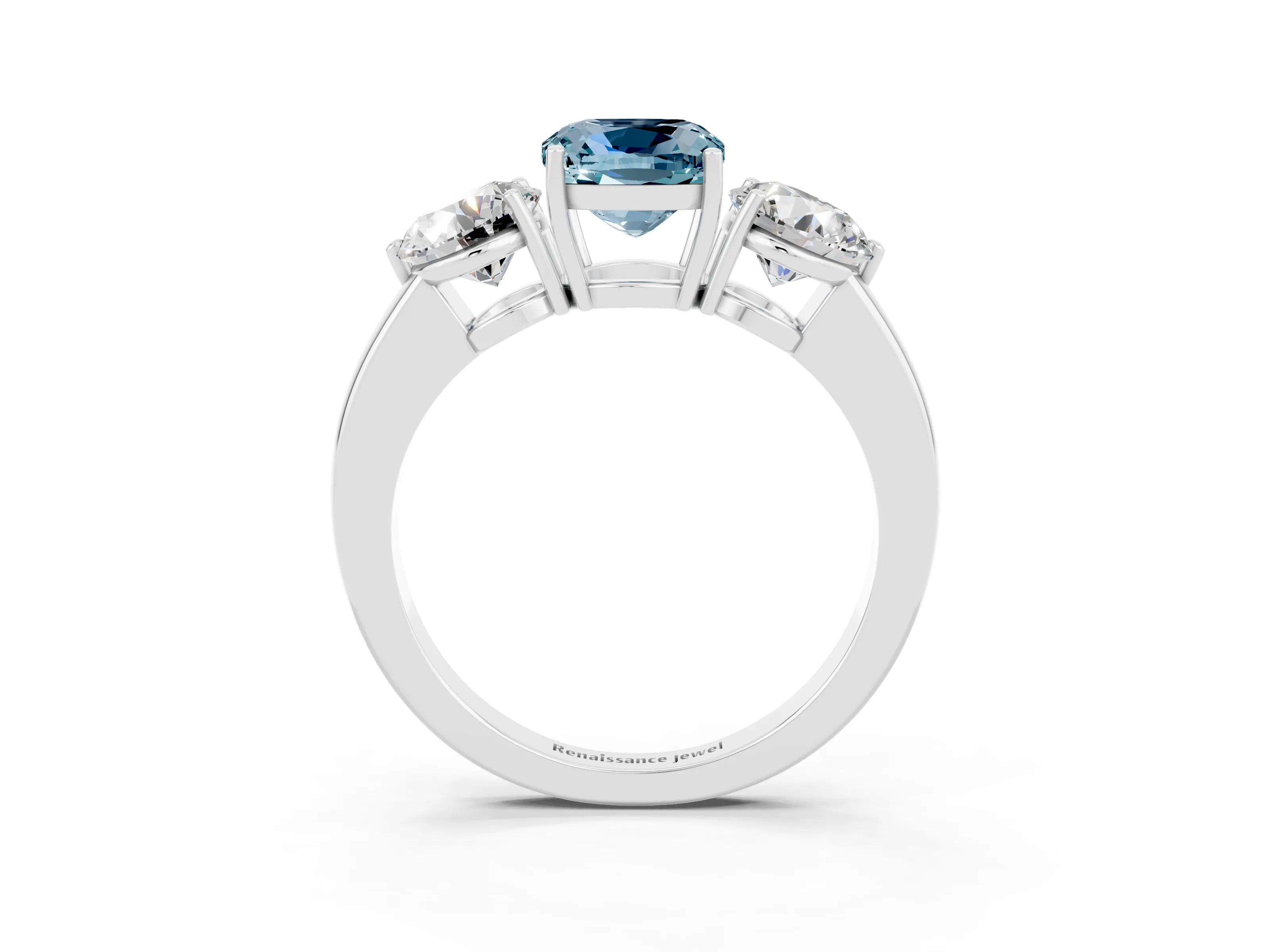 White gold Cushion Cut Aquamarine Three-Stone Ring with Prong Setting and Classic Band_3