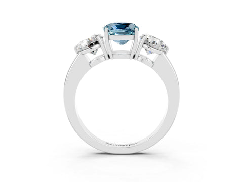 White gold Cushion Cut Aquamarine Three-Stone Ring with Prong Setting and Classic Band_3