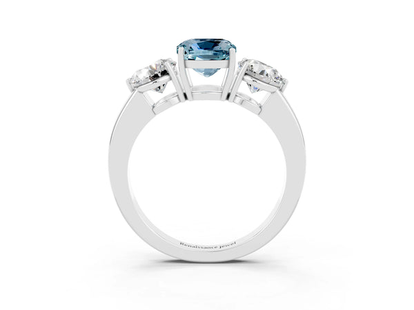 White gold Cushion Cut Aquamarine Three-Stone Ring with Prong Setting and Classic Band