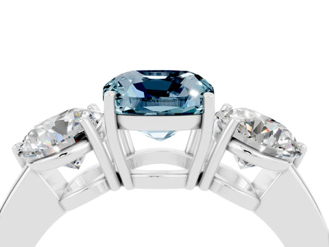 White gold Cushion Cut Aquamarine Three-Stone Ring with Prong Setting and Classic Band_4