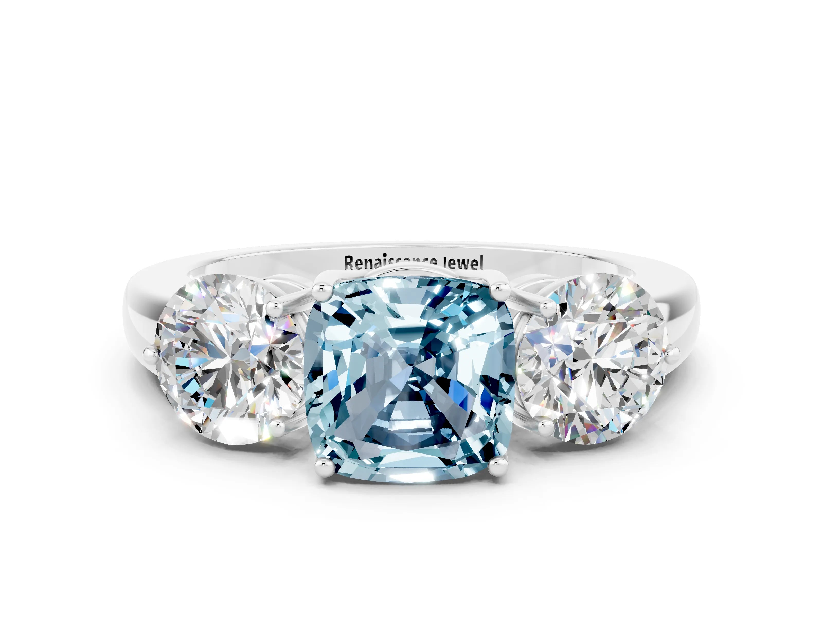 White gold Cushion Cut Aquamarine Three-Stone Ring with Prong Setting and Classic Band
