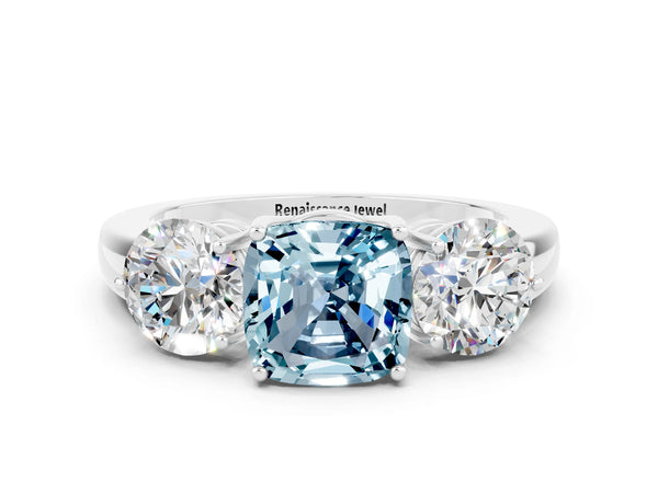 White gold Cushion Cut Aquamarine Three-Stone Ring with Prong Setting and Classic Band
