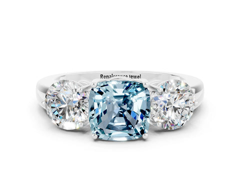 White gold Cushion Cut Aquamarine Three-Stone Ring with Prong Setting and Classic Band
