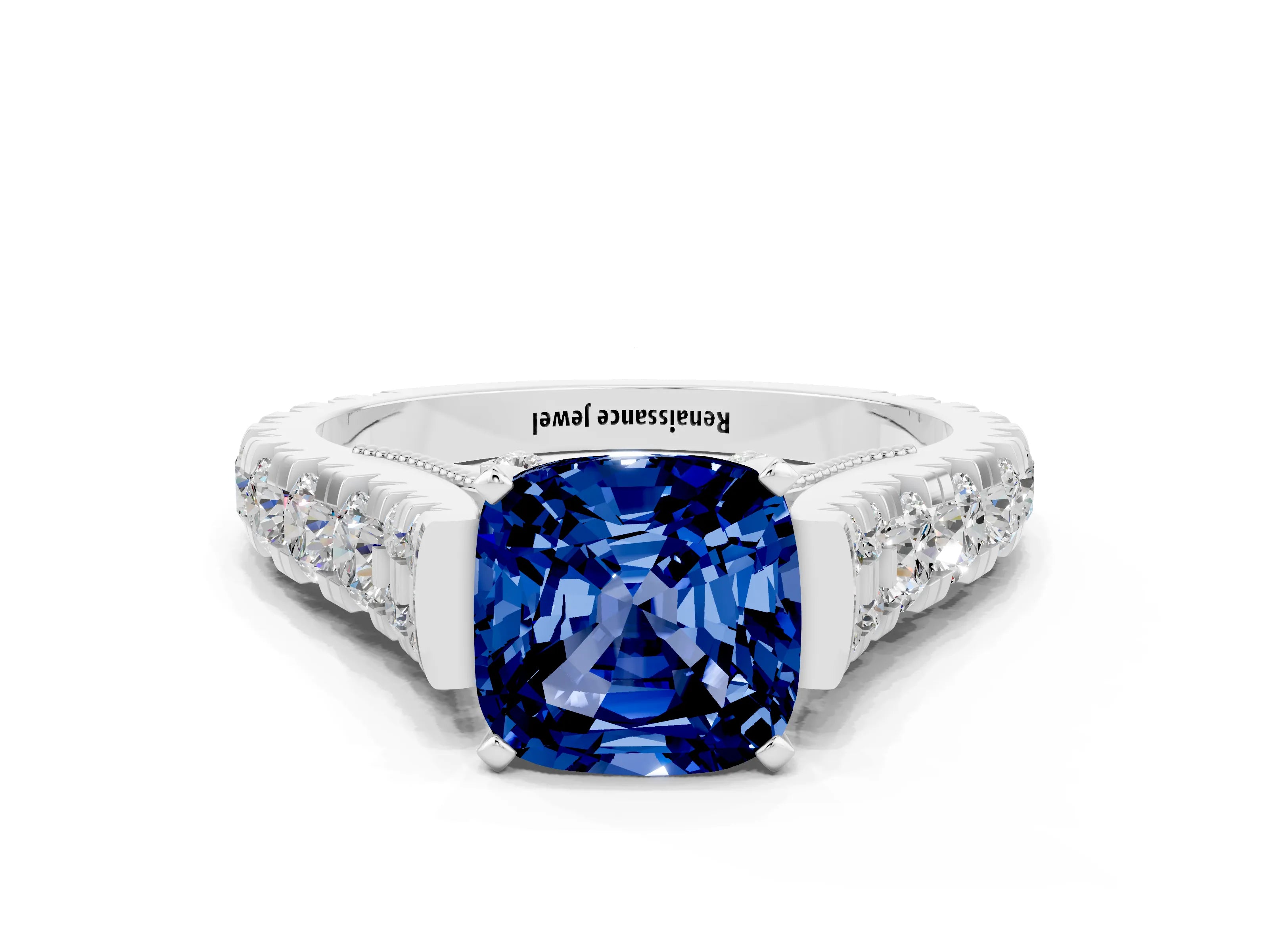 White gold Cushion Cut Blue Sapphire Classic Solitaire Ring with Pavé Band and Four-Prong Setting