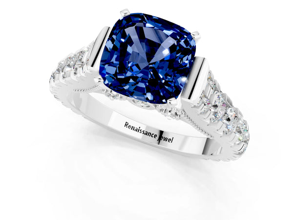 Platinum Cushion Cut Blue Sapphire Classic Solitaire Ring with Pavé Band and Four-Prong Setting