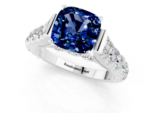 White gold Cushion Cut Blue Sapphire Classic Solitaire Ring with Pavé Band and Four-Prong Setting_1