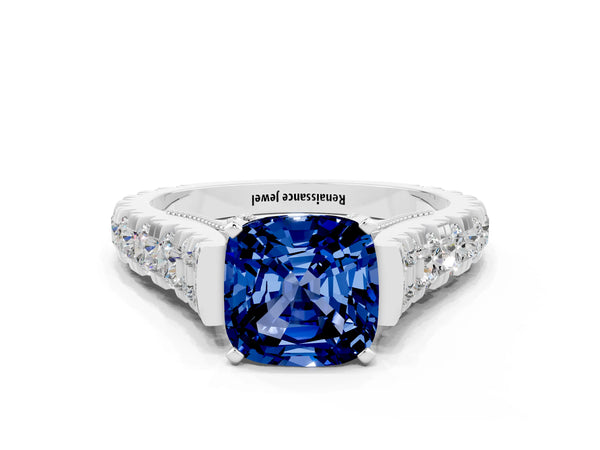 Silver Cushion Cut Blue Sapphire Classic Solitaire Ring with Pavé Band and Four-Prong Setting