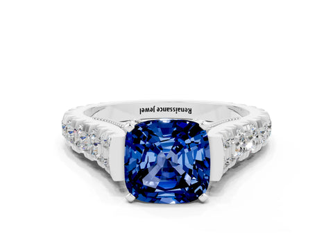 White gold Cushion Cut Blue Sapphire Classic Solitaire Ring with Pavé Band and Four-Prong Setting