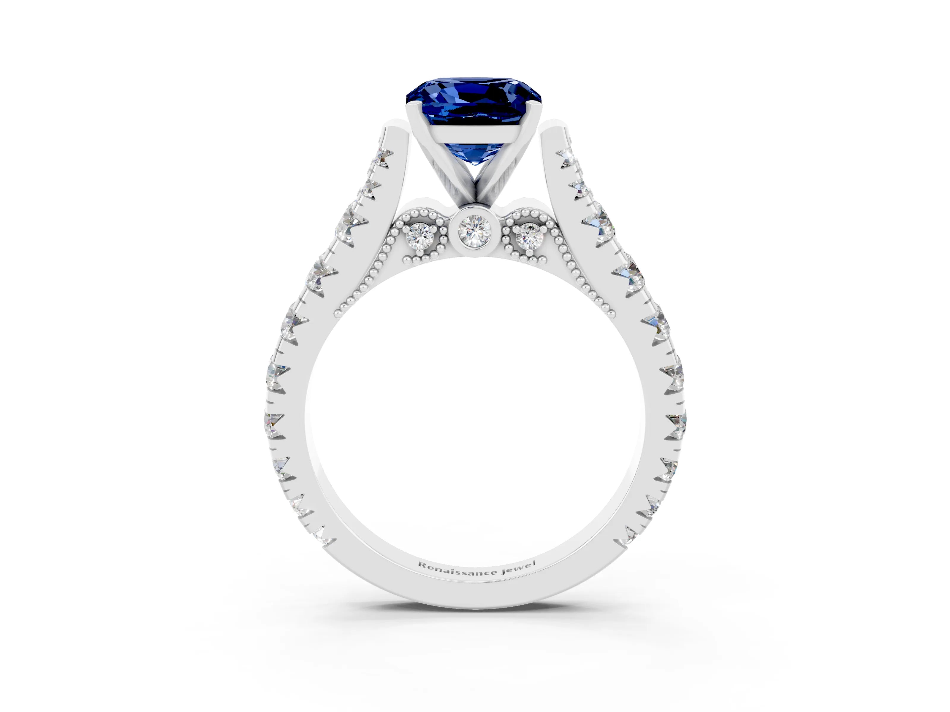 White gold Cushion Cut Blue Sapphire Classic Solitaire Ring with Pavé Band and Four-Prong Setting_3