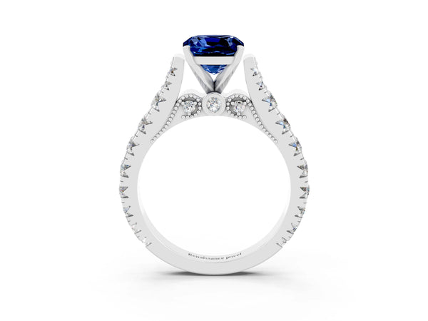 Silver Cushion Cut Blue Sapphire Classic Solitaire Ring with Pavé Band and Four-Prong Setting