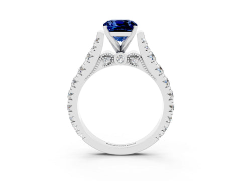 White gold Cushion Cut Blue Sapphire Classic Solitaire Ring with Pavé Band and Four-Prong Setting_3