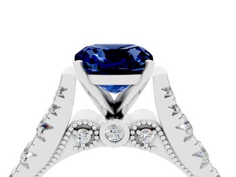 White gold Cushion Cut Blue Sapphire Classic Solitaire Ring with Pavé Band and Four-Prong Setting_4