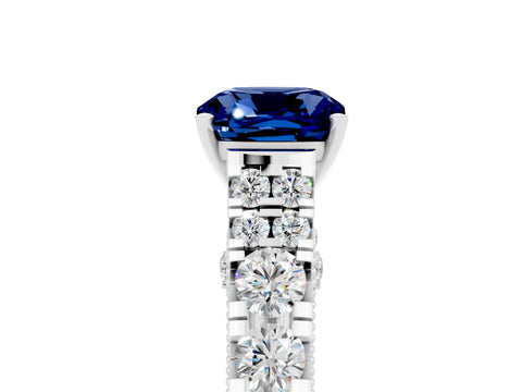 White gold Cushion Cut Blue Sapphire Classic Solitaire Ring with Pavé Band and Four-Prong Setting_5